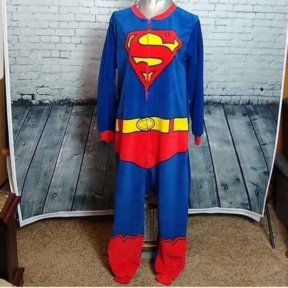 Superman Mens Small Fleece One Piece Zip Up Jogger Leg Pajamas - Picture 6 of 6